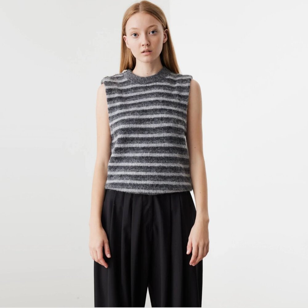 Ganni Gray Striped Sleeveless Knit Sweater Vest